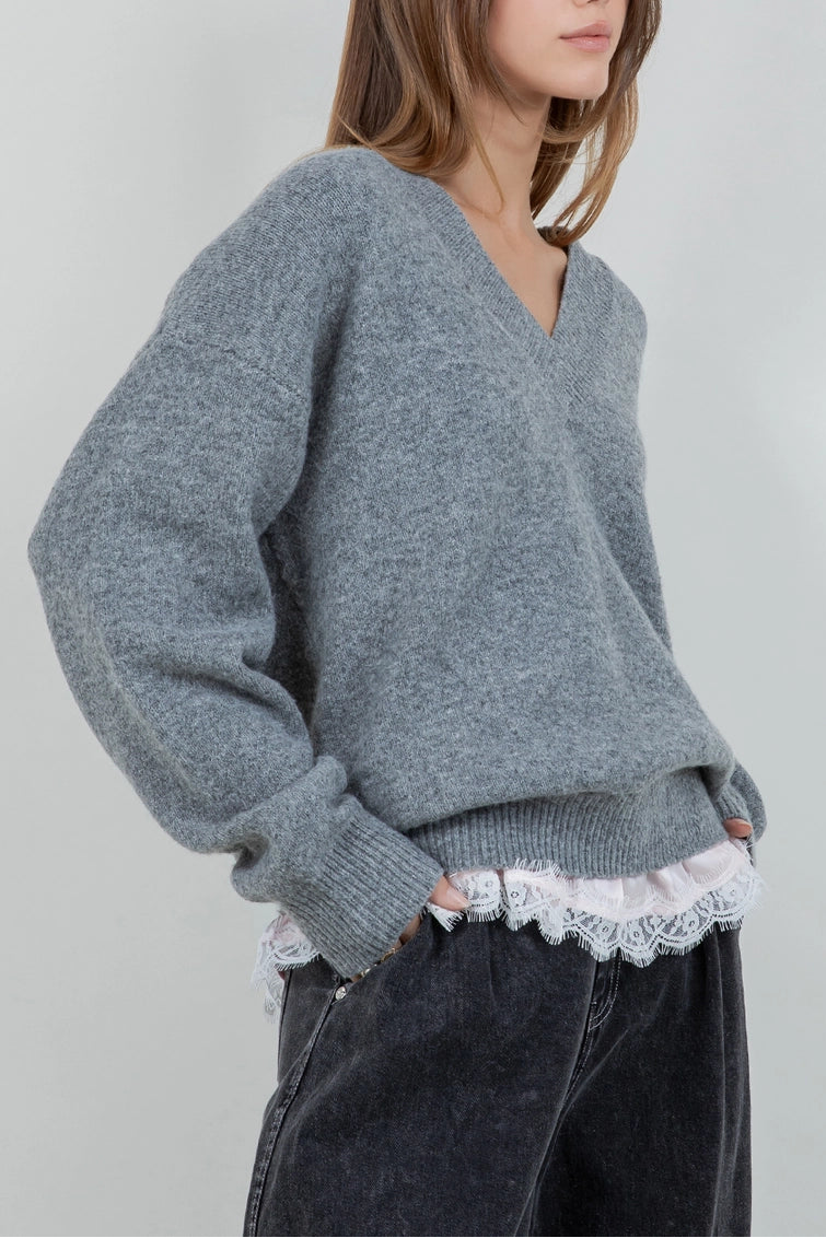 V-NECK LACE RUFFLE SWEATER
